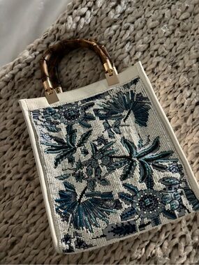 White Beaded Floral Tote with Bamboo Handles